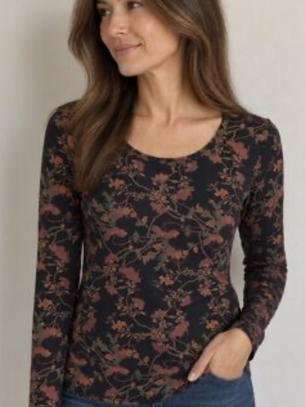 Peruvian connection Floral Long-Sleeve Scoop Neck Top size large